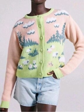 Zara Intarsia Pastel Scenic Knit Cardigan Sweater